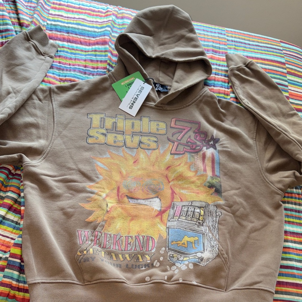 Triple Sevens size small, oversized Tan Graphic Pullover Hoodie Sunburst nwt